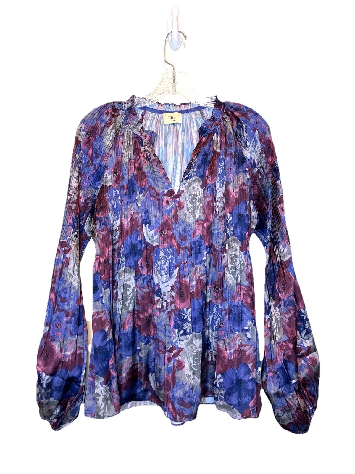 Elie Tahari Floral Pleated Boho Fairy Blouse Shirt V-Neck Women Size Large
